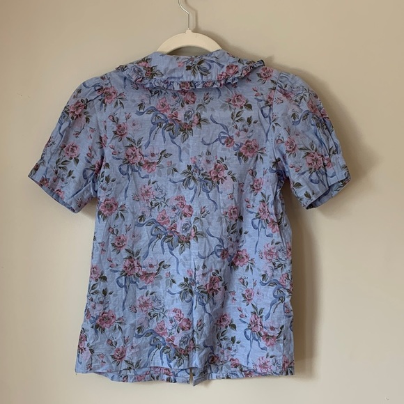 PETER Pan Collar Floral Short Sleeve Buttondown Blouse 100% Cotton Size 2 - Picture 9 of 14